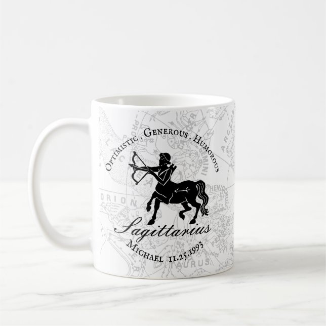 Black White Sagittarius Zodiac Anpassningsbar Birt Kaffemugg (Vänster)