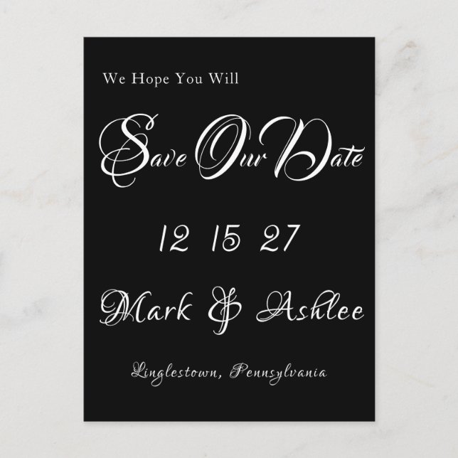 Black & White Save the Date Post Card Vykort (Framsida)
