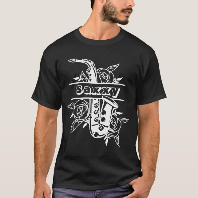 Black & White Saxxy Saxophone, Musician T-Shirt (Framsida)
