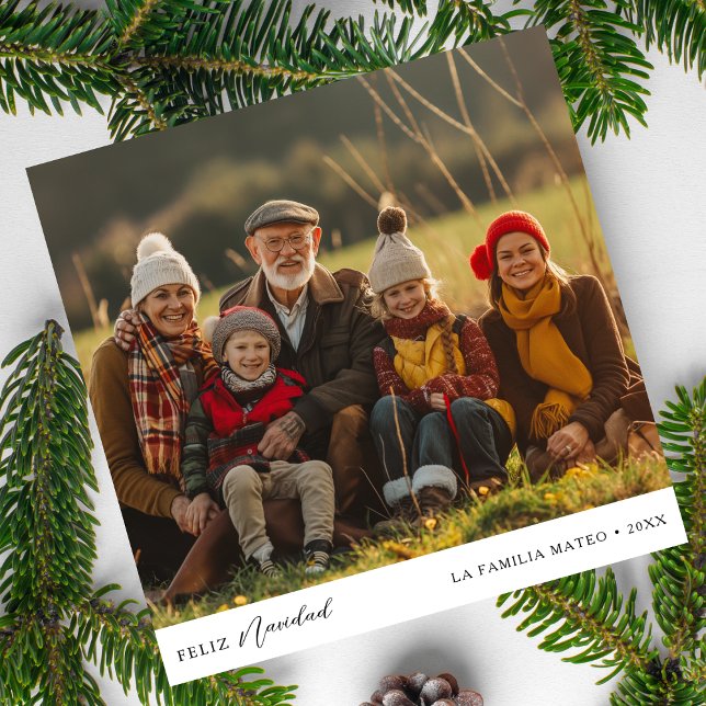 Black White Script Feliz Navidad jul Photo Julkort (Skapare uppladdad)