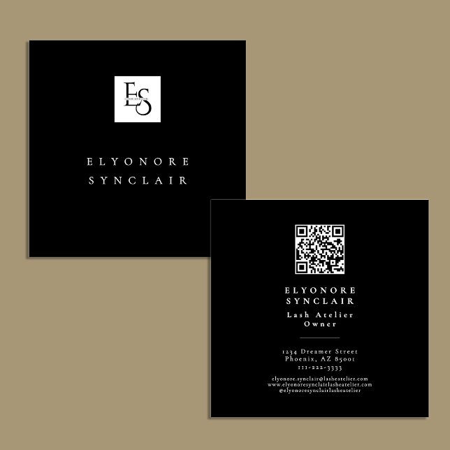 Black White Script Lashes Studio Logo QR Code  Fyrkantigt Visitkort (Skapare uppladdad)