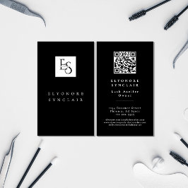 Black White Script Lashes Studio Logo QR Code Visitkort