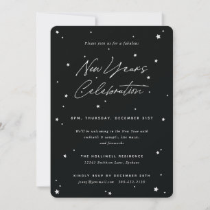 Black+White Script Scattered Stars New Year' Party Inbjudningar
