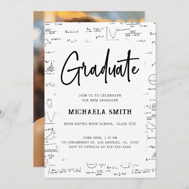 Black White Script Student Math Photo Studenten Inbjudningar (Fram/baksida)