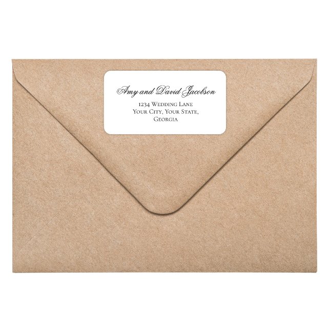 Black White Script Wedding Return Address Adressetikett (Black and white script return address label on envelope, elegant minimalist wedding style)