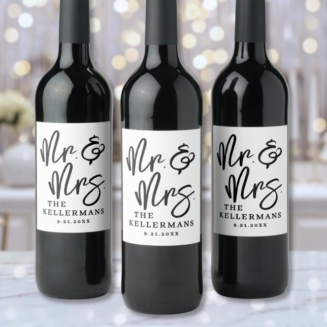 Black White Script Wedding Vinflaska Etikett (Black White Script Wedding Wine Label )