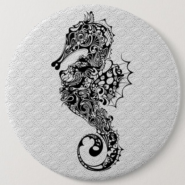 Black & White Seahorse-Tattoo Stil Knapp (Framsida)
