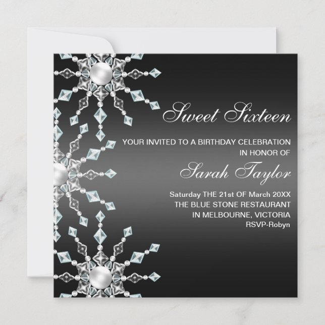 Black & White Shimmer Snowflake Birthday Inbjudan (Framsida)