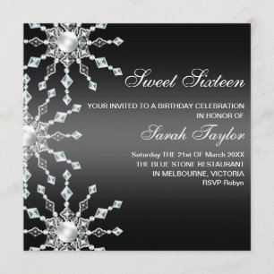 Black & White Shimmer Snowflake Birthday Inbjudan