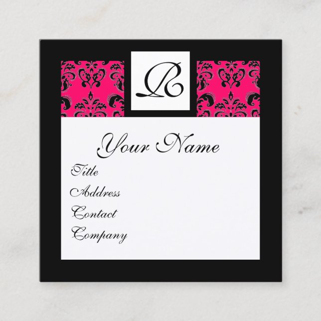 BLACK WHITE SHOCK ROSA DAMASK SQUARE MONOGRAM FYRKANTIGT VISITKORT (Framsida)