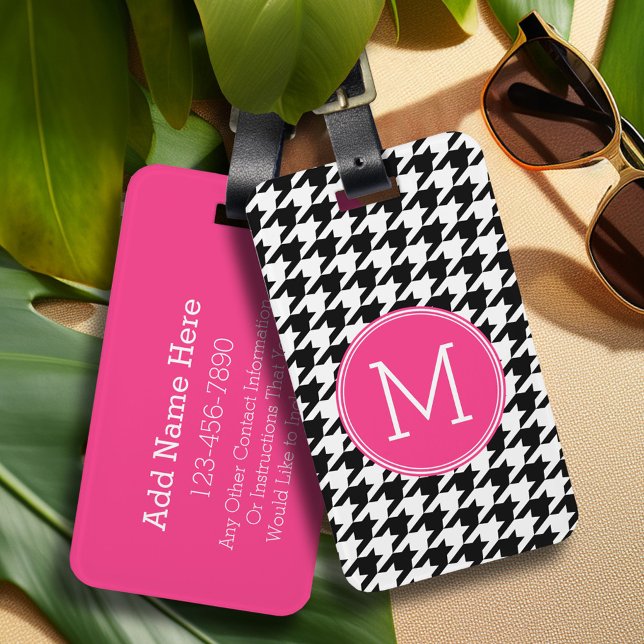 Black White Shock rosa Houndstooth Mönster Monogra Bagagebricka (Personalized luggage tag - Add Your contact information and monogram)