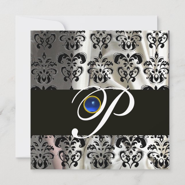 BLACK WHITE SILKE DAMASK MONOGRAM BLUE SAPPHIRE INBJUDNINGAR (Framsida)