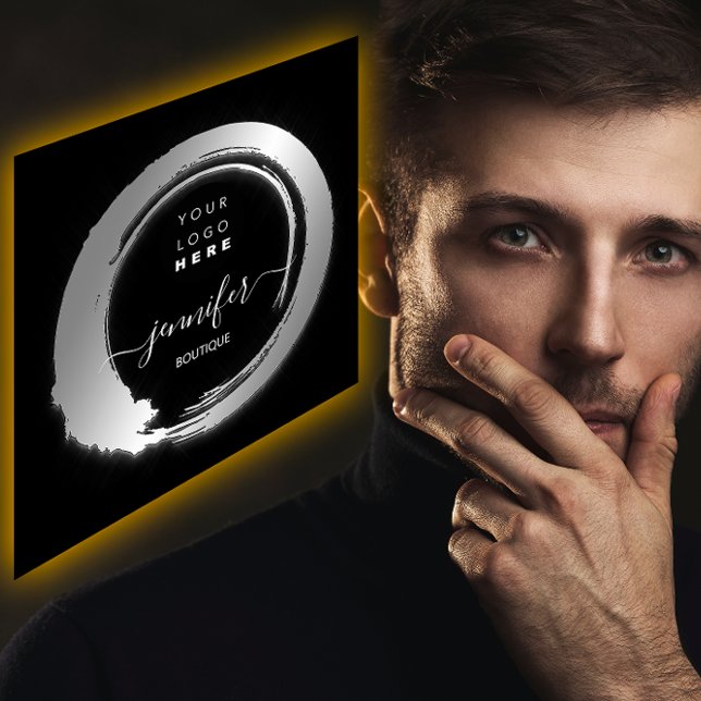 Black White Silver Anpassningsbar QR LOGOTYP SHOP Fyrkantigt Visitkort (Black White Silver Custom QR LOGO SHOP Square Business Card)