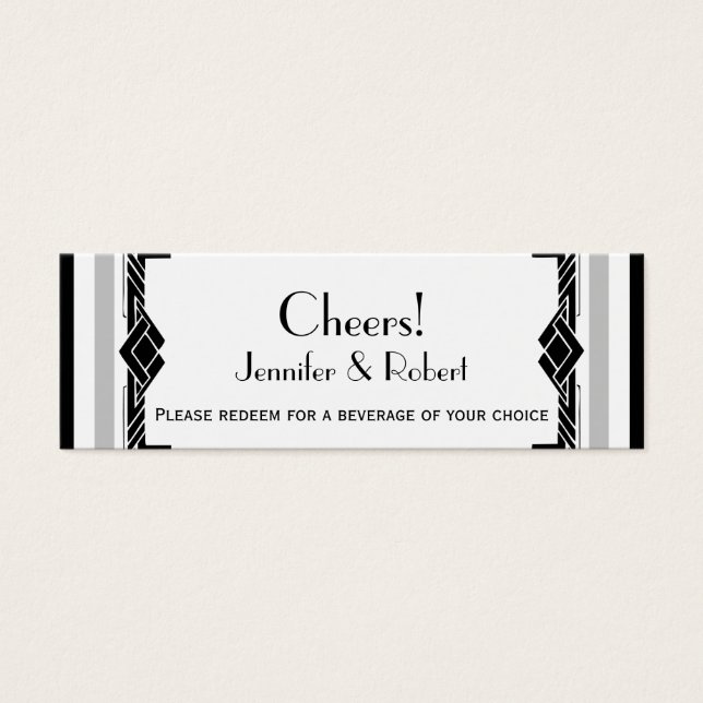 Black White Silver Art Deco Bröllop Drink Biljett (Framsidan)