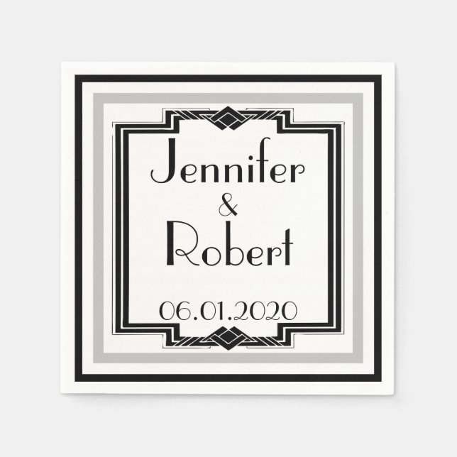 Black White Silver Art Deco Ram Bröllop Napkin Pappersservett (Framsidan)