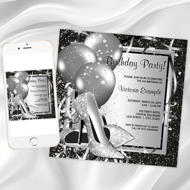 Black White Silver High Heel Woman Födelsedagsfest Inbjudningar (Black White Silver Birthday Party Invitation. Instant download - printed invitations available)