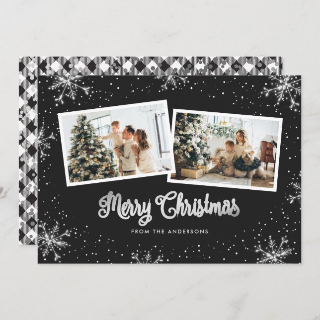 Black White Silver Snowflake Photo jul Card Julkort (Fram/baksida)