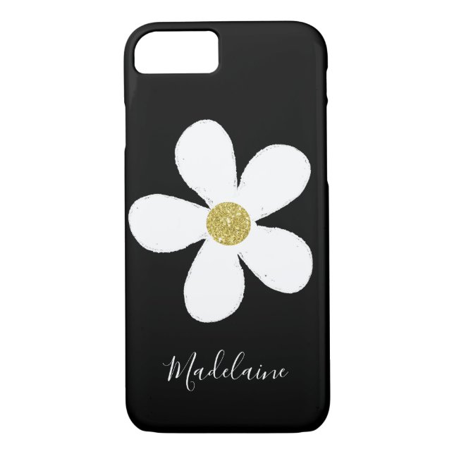 Black White Simple Daisy Guld Personal Case-Mate iPhone Skal (Baksida)