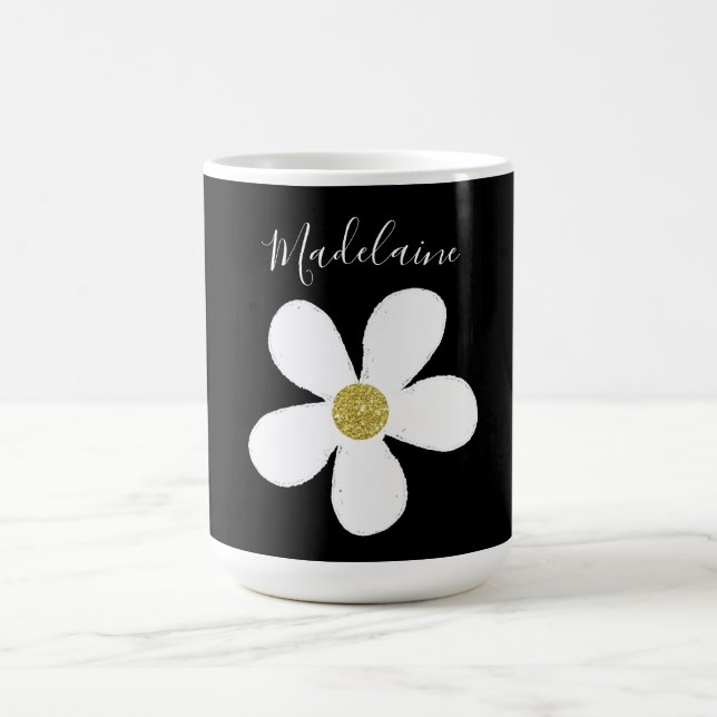Black White Simple Daisy Guld Personal Kaffemugg (Center)