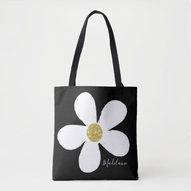 Black White Simple Daisy Guld Personal Tygkasse (Framsida)