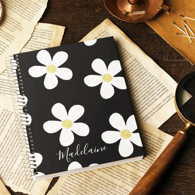 Black White Simple Daisy Mönster Guld School Anteckningsbok (Skapare uppladdad)