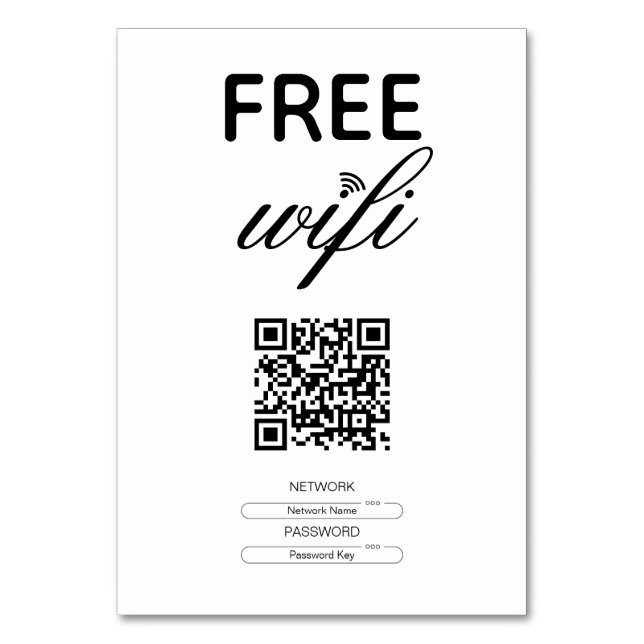 Black White Simple Free WiFi QR-kod Ställe Bordsnummer (Framsidan)