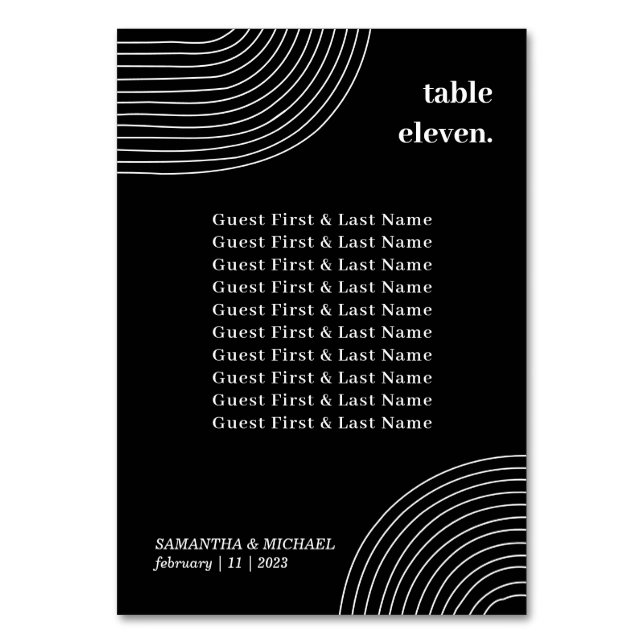 Black White Simple Geometric Line gäst namn-säte Bordsnummer (Framsidan)