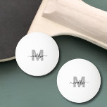 Black White Simple Monogram Namn Pingisboll<br><div class="desc">Personlig White Grått Monogram Ping Pong Boll. Lägg till en modern och ren beröring i spelet med den här anpassningsbarna pinga pong boll. Designad med en skarp vit bakgrund har varje sida en klassisk serif-inledning i mjukt grått, parad med ditt namn i fet svart skript för en vass och enkel...</div>