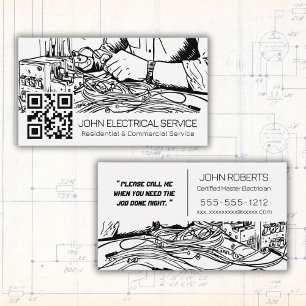 Black & White Sketch Stil Electrician med QR Visitkort