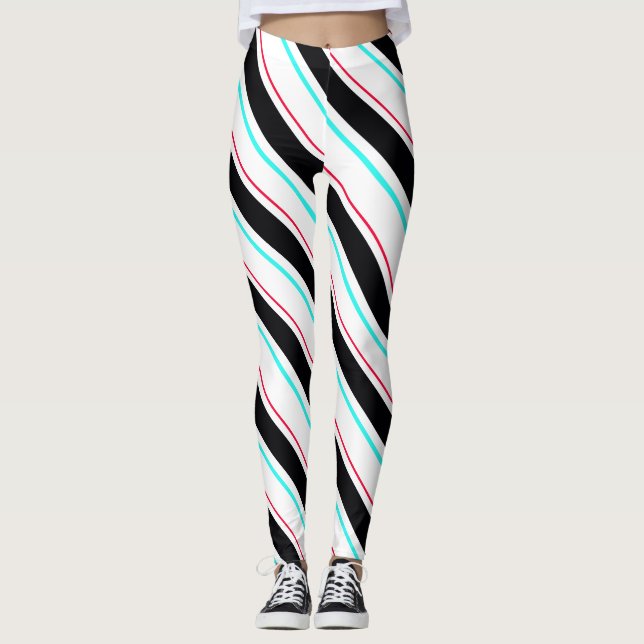 Black White Slanted Regimental Rand Linjer Leggings (Framsida)
