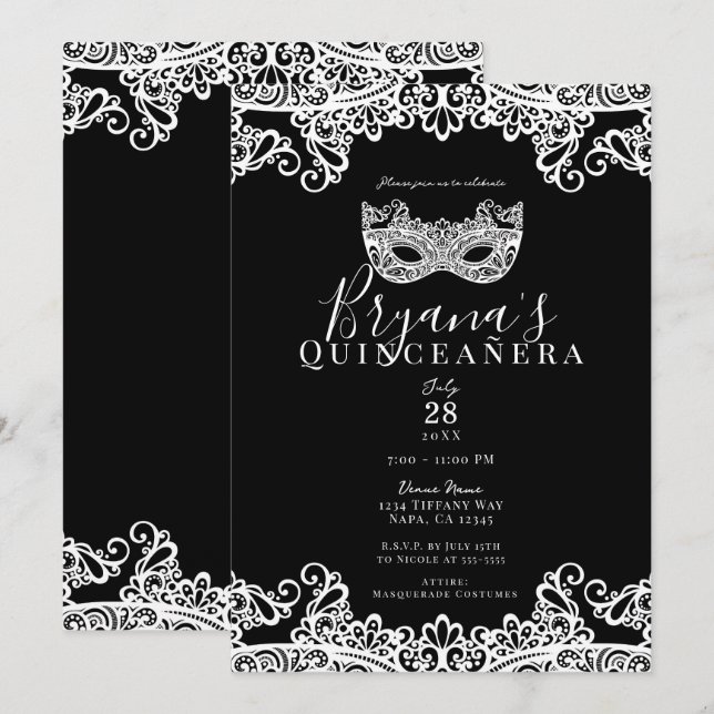 Black & White Snöre Masqueraad 15th Quinceañera Inbjudningar (Fram/baksida)
