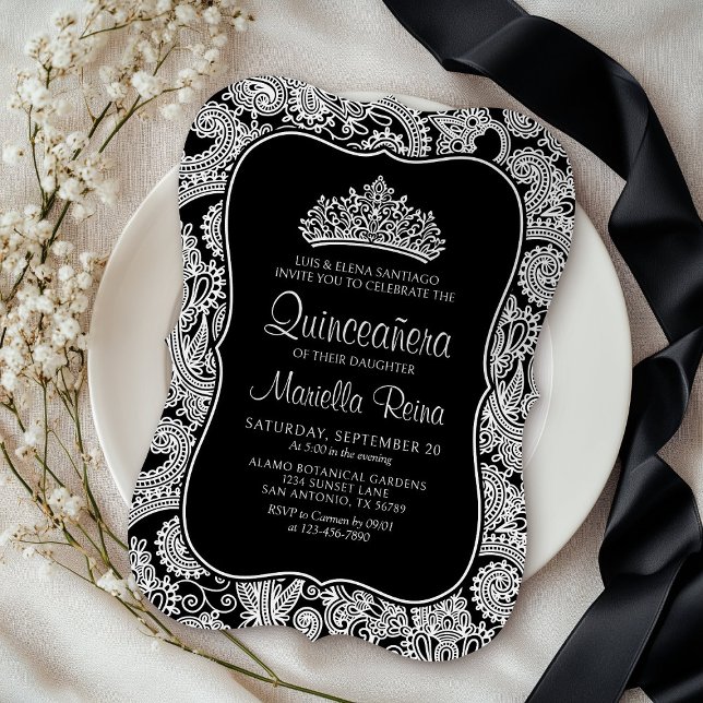Black White Snöre Quinceañera Inbjudningar (Skapare uppladdad)