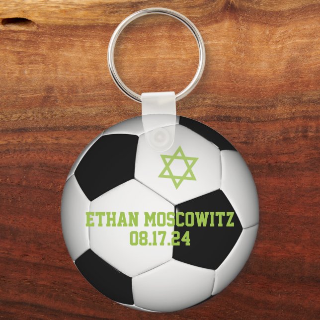Black, White Soccer Ball Pub Mitzvah Nyckelring (Baksida)