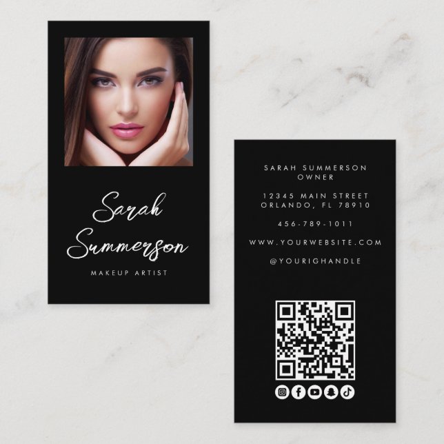 Black White Social Media QR Photo Makeup Visitkort (Fram/baksida)