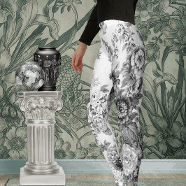 Black White Söt Vintage Blommigt Leggings