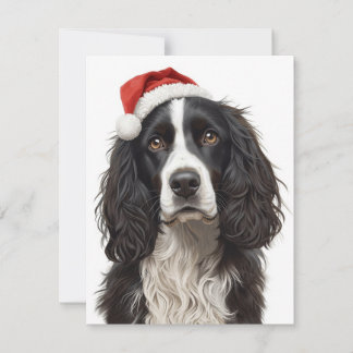 Black & White Spaniel Santa Hat Xmas Art Julkort