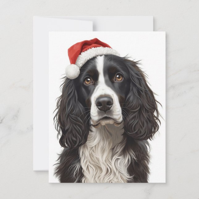 Black & White Spaniel Santa Hat Xmas Art Julkort (Framsida)
