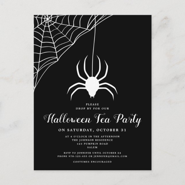 Black White Spider Halloween Tea Party-inbjudan Vykort (Framsida)