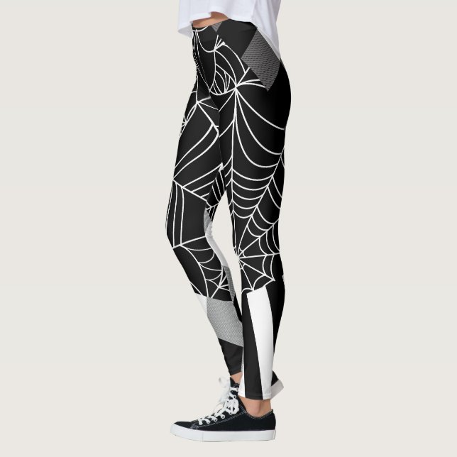 Black & White Spindelnät Patchwork Halloween Leggings (Vänster)