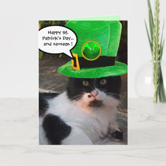 BLACK WHITE ST. PATRICK'S DAY CAT LEPRECHAUN HAT KORT (Framsida)