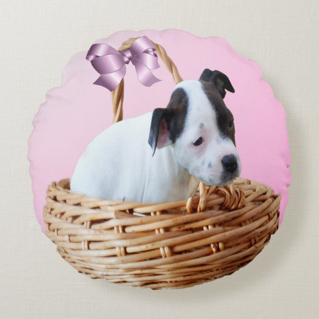 Black White Stafford-shire Puppy, Round Cushion Rund Kudde (Framsidan)