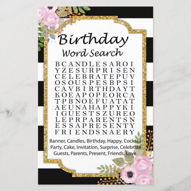 Black White Stripe Birthday ord sökspel (Framsida)