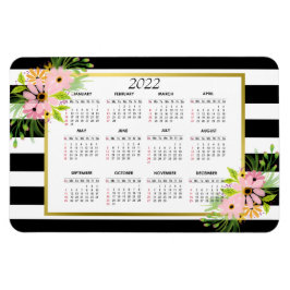 Black White Stripe Blommigt Guld | 2022 Kalender Magnet