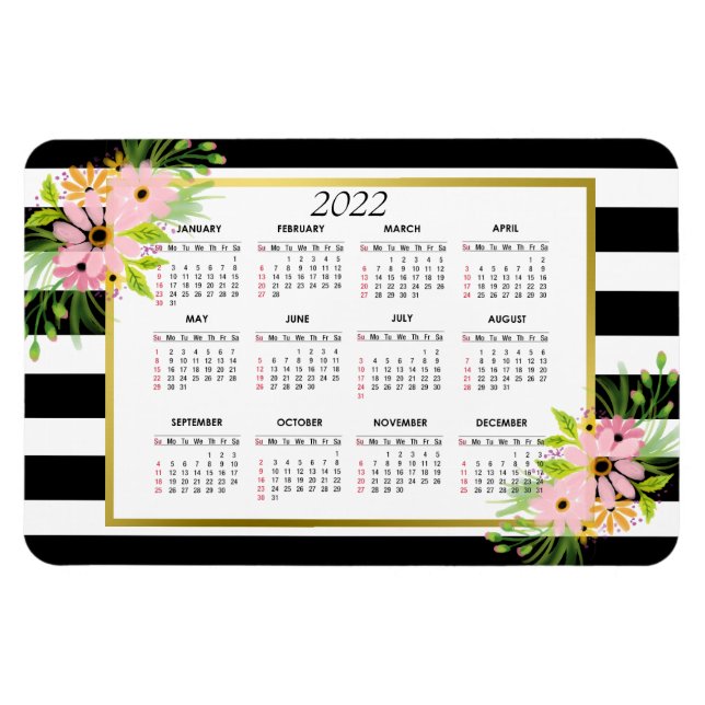 Black White Stripe Blommigt Guld | 2022 Kalender Magnet (Horisontell)