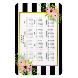 Black White Stripe Blommigt Guld | 2022 Kalender Magnet
