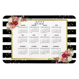 Black White Stripe Blommigt Guld   2022 Kalender Magnet