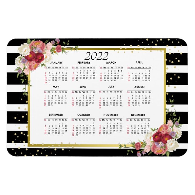 Black White Stripe Blommigt Guld | 2022 Kalender Magnet (Horisontell)