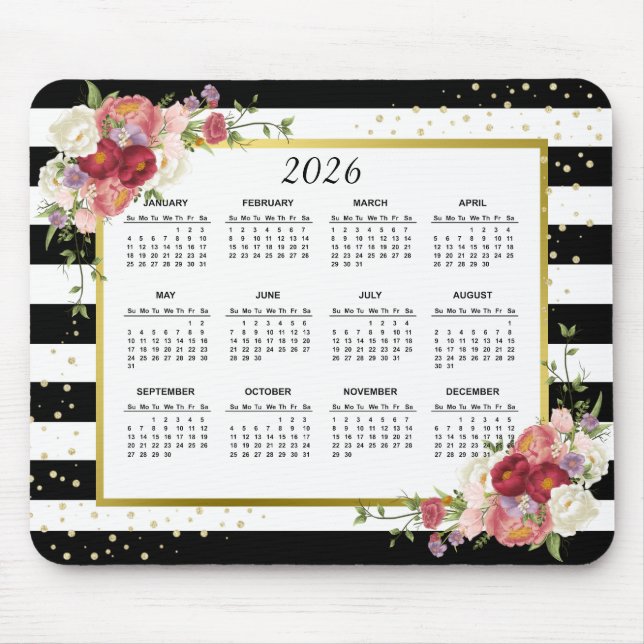 Black White Stripe Blommigt Guld - 2022-kalender Musmatta (Framsidan)