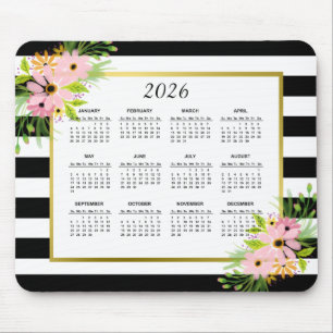 Black White Stripe Blommigt Guld 2022 Kalender Musmatta