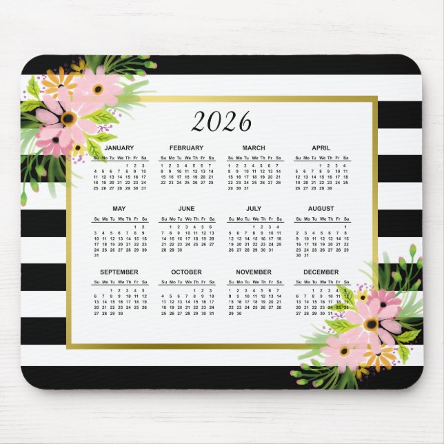 Black White Stripe Blommigt Guld | 2022 Kalender Musmatta (Framsidan)